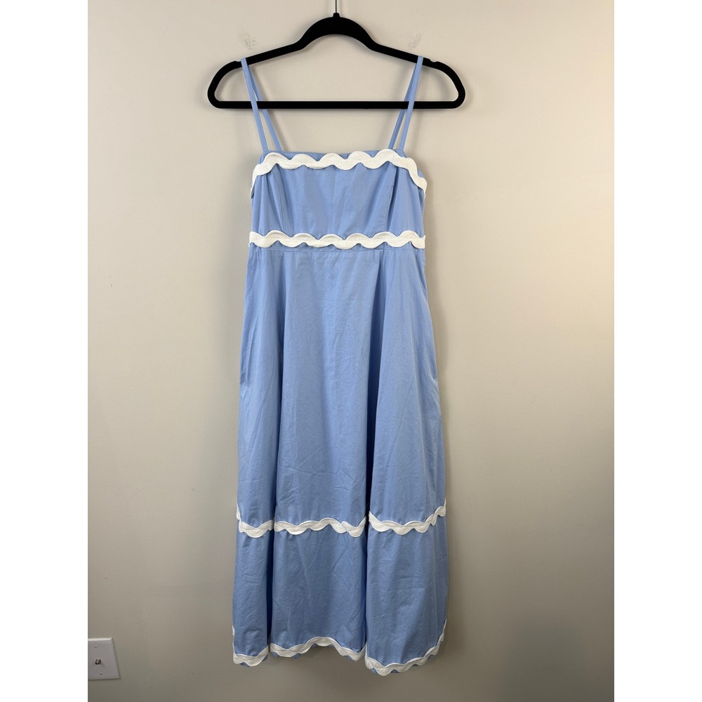 Sim & Sam Midi Dress Women's L Blue & White Ric Rac Trim Sleeveless Maxi Dress